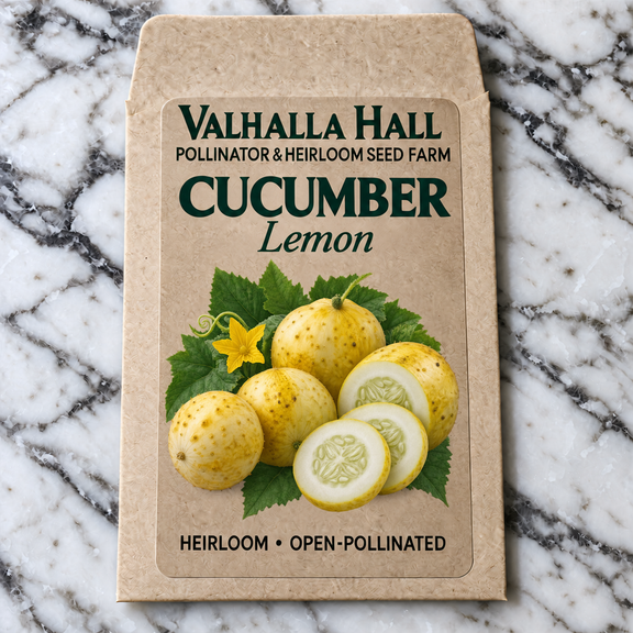 Valhalla Hall Lemon cucumber seed packet, kraft paper with an illustration of round yellow lemon cucumbers, whole and sliced