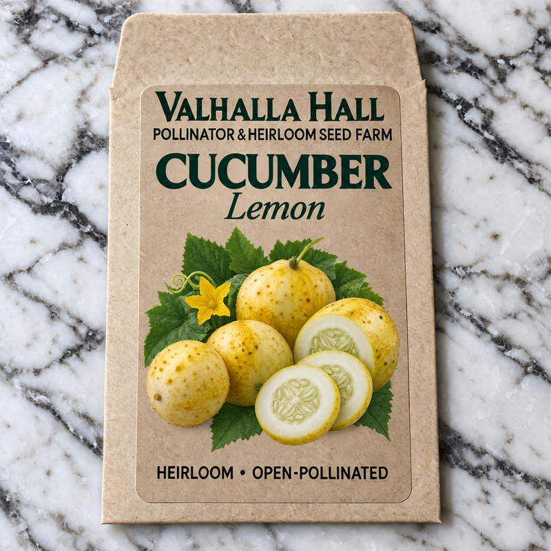 Valhalla Hall Lemon cucumber seed packet, kraft paper with an illustration of round yellow lemon cucumbers, whole and sliced