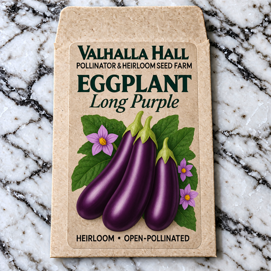 Valhalla Hall Long Purple eggplant seed packet, kraft paper with an illustration of three slender purple eggplants and their lilac blossoms