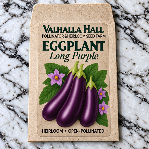 Valhalla Hall Long Purple eggplant seed packet, kraft paper with an illustration of three slender purple eggplants and their lilac blossoms