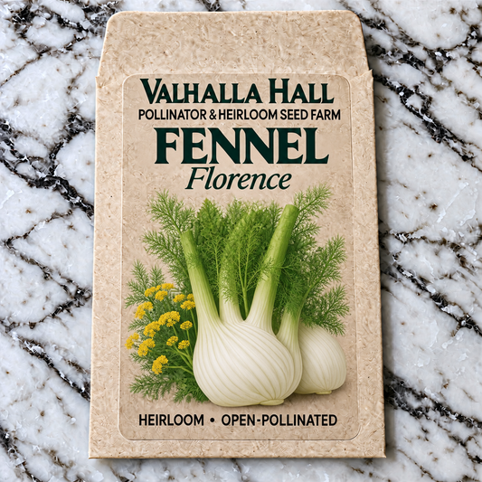 Valhalla Hall Florence fennel seed packet, kraft paper with an illustration of white fennel bulbs, feathery fronds and yellow flower umbels