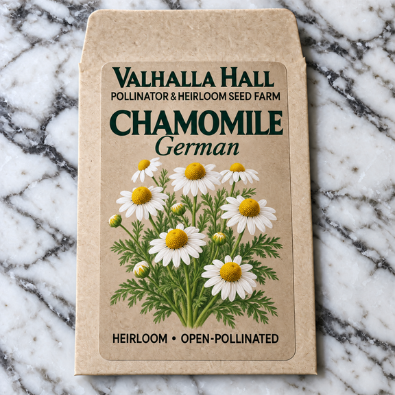 Valhalla Hall German chamomile seed packet, kraft paper with an illustration of white daisy-like chamomile flowers with yellow centers