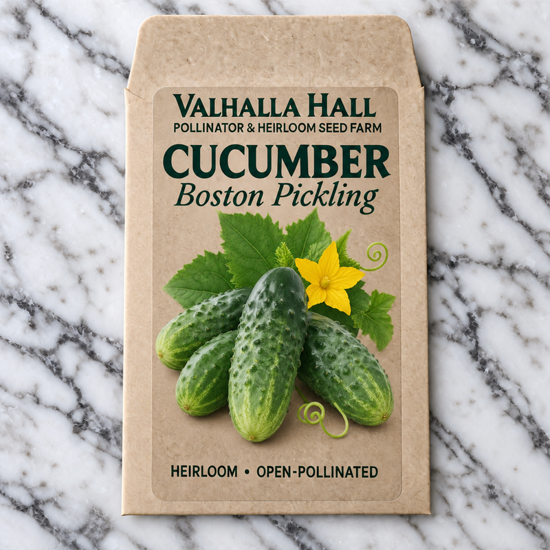 Valhalla Hall Boston Pickling cucumber seed packet, kraft paper with an illustration of short green pickling cucumbers and a yellow blossom