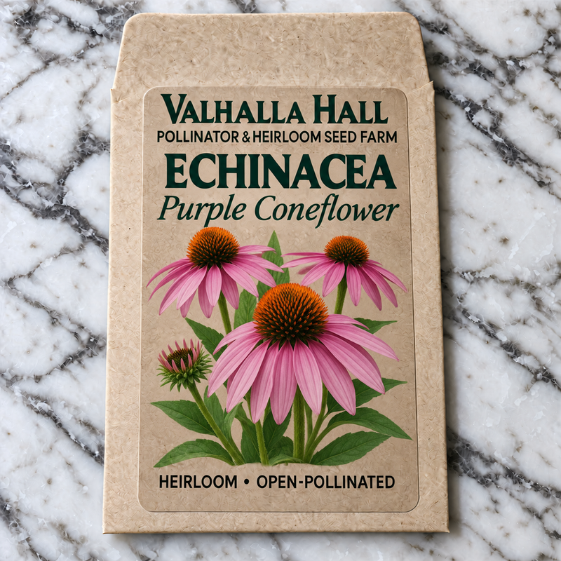 Valhalla Hall Purple Coneflower echinacea seed packet, kraft paper with an illustration of pink coneflowers with orange centers