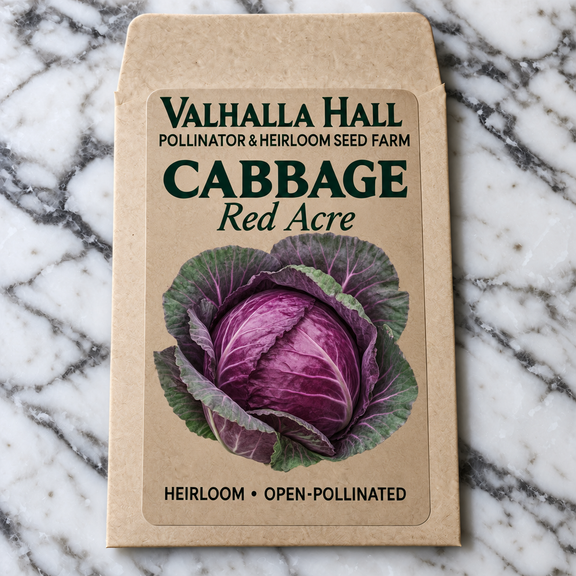 Valhalla Hall Red Acre cabbage seed packet, kraft paper with an illustration of a deep purple-red cabbage head