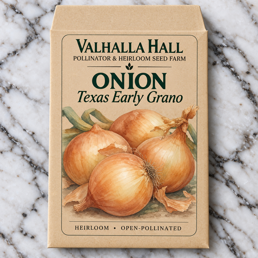 Valhalla Hall Texas Early Grano onion seed packet, kraft paper with an illustration of straw-skinned sweet onions