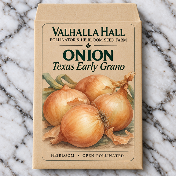 Valhalla Hall Texas Early Grano onion seed packet, kraft paper with an illustration of straw-skinned sweet onions