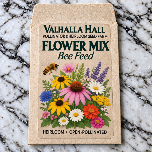 Valhalla Hall Bee Feed flower mix seed packet, kraft paper with an illustration of coneflowers, black-eyed Susans, daisies and salvia with a honeybee