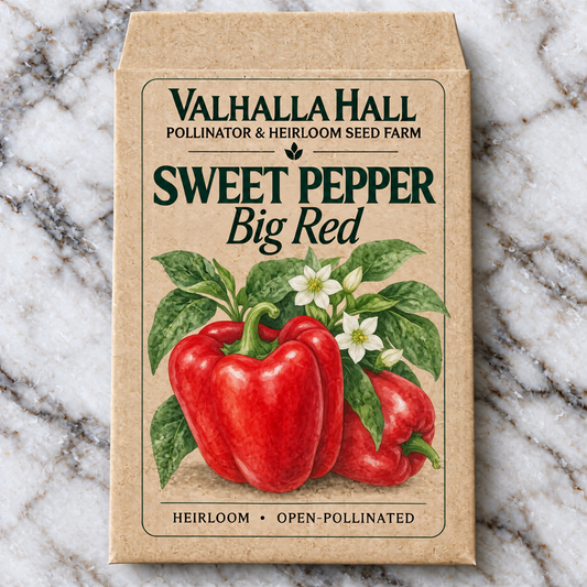 Valhalla Hall Big Red sweet pepper seed packet, kraft paper with an illustration of red bell peppers with leaves and white blossoms