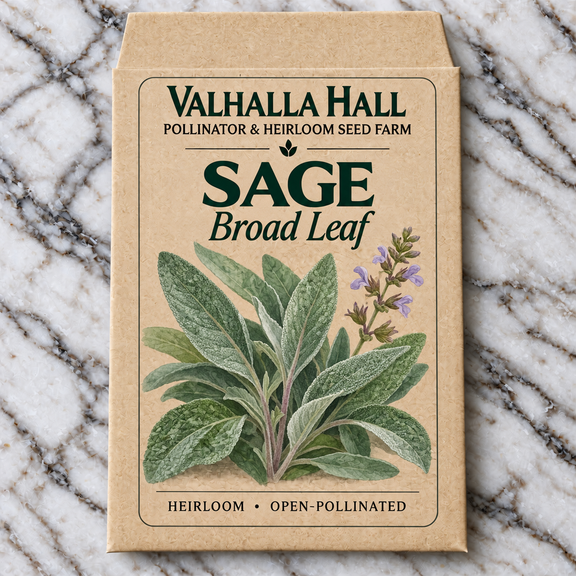 Valhalla Hall Broad Leaf sage seed packet, kraft paper with an illustration of silvery-green sage leaves and lavender flower spikes