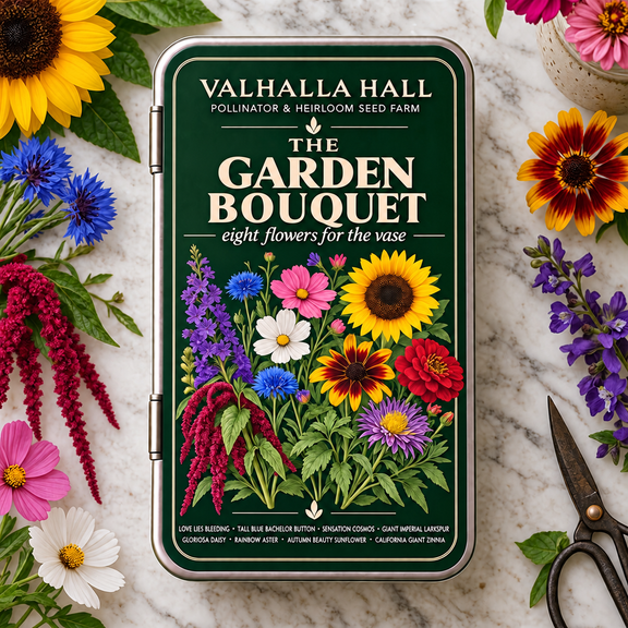 Valhalla Hall Cut Flower Garden seed gift tin, deep green lid with a botanical illustration of zinnias, cosmos, asters, larkspur and sunflower