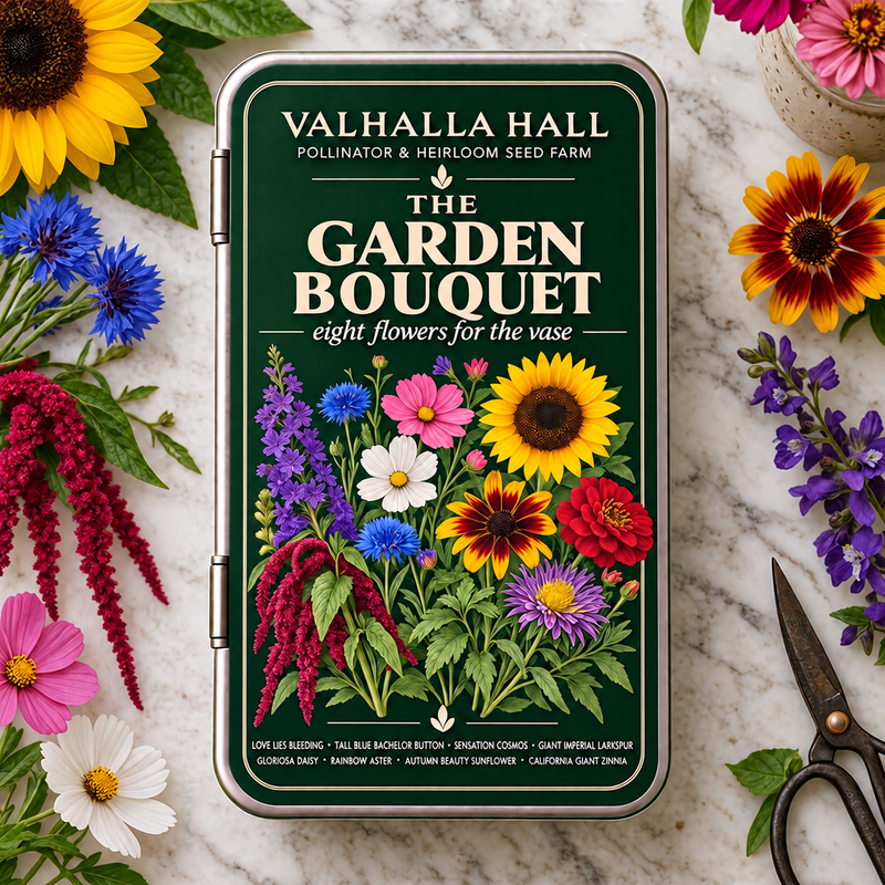 Valhalla Hall Cut Flower Garden seed gift tin, deep green lid with a botanical illustration of zinnias, cosmos, asters, larkspur and sunflower