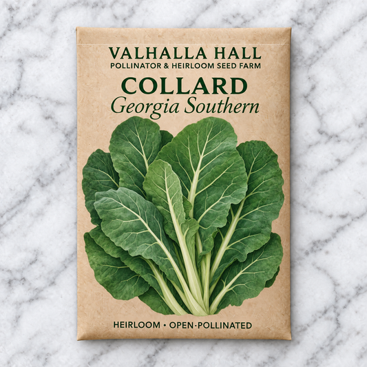 Valhalla Hall Georgia Southern collard seed packet, kraft paper with an illustration of broad flat blue-green collard leaves on pale stems