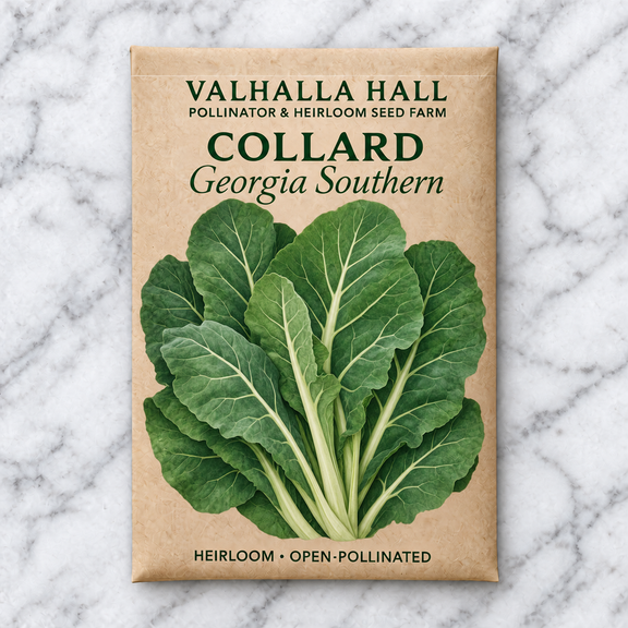Valhalla Hall Georgia Southern collard seed packet, kraft paper with an illustration of broad flat blue-green collard leaves on pale stems
