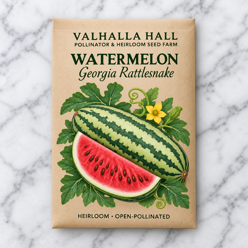 Valhalla Hall Georgia Rattlesnake watermelon seed packet, kraft paper with an illustration of a long striped melon and a cut wedge of red flesh