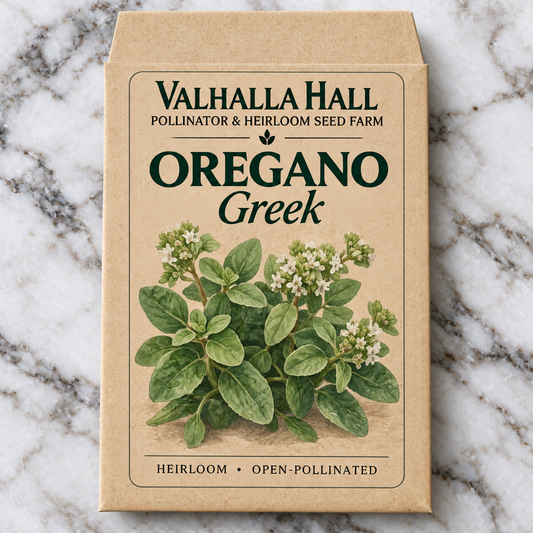 Valhalla Hall Greek oregano seed packet, kraft paper with an illustration of oregano leaves and small white flowers