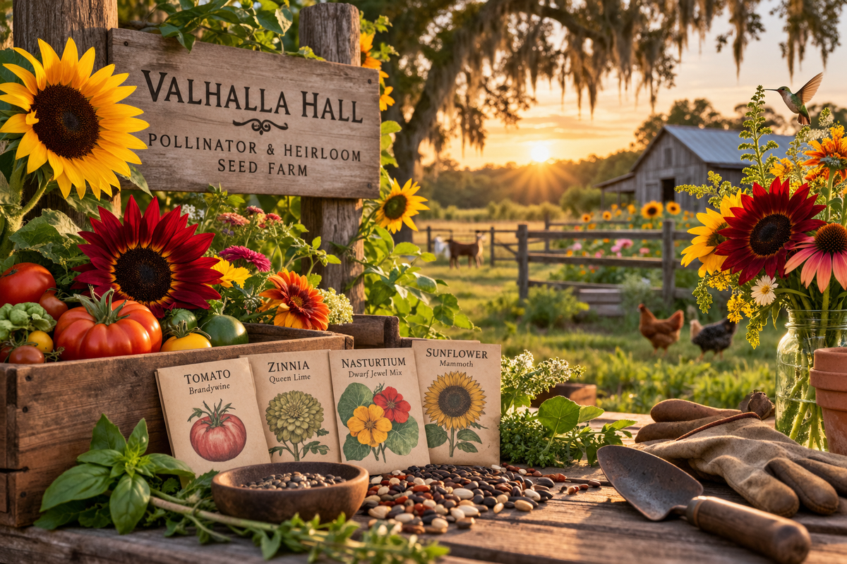 A Valhalla Hall Farm sign above seed packets, vegetables and flowers, with fields behind