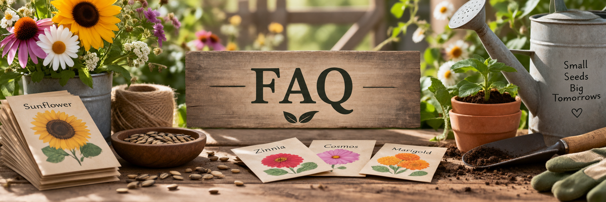 A wooden FAQ sign among seed packets, pots and a watering can in a flower garden
