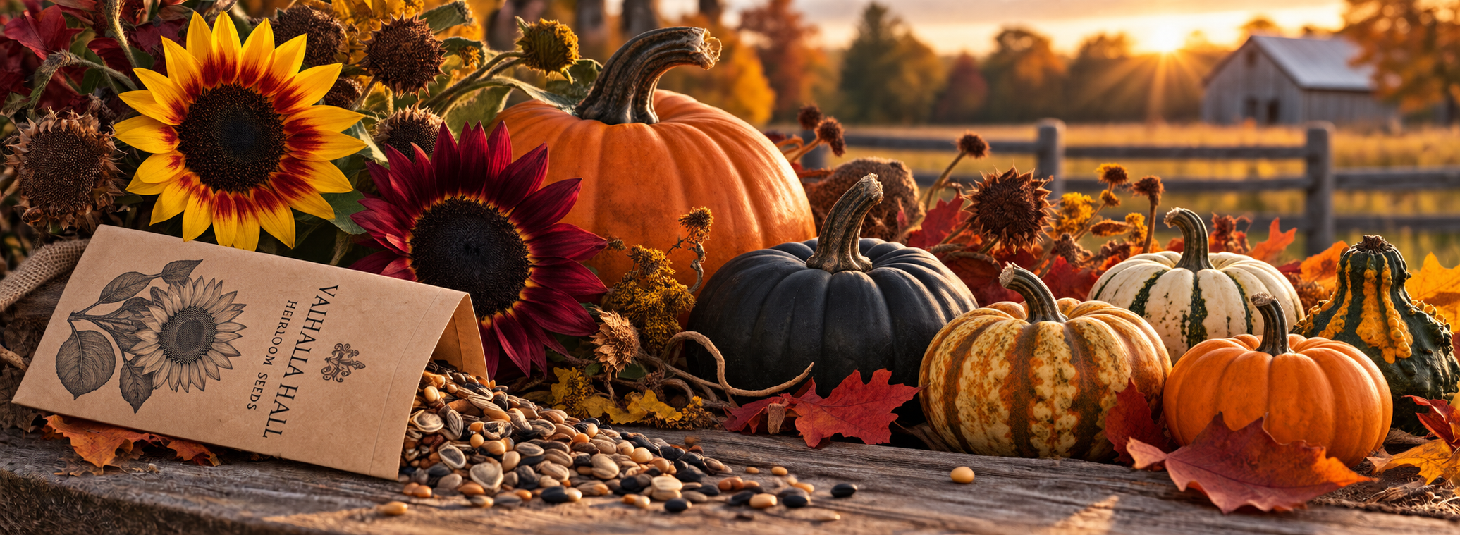 Pumpkins, gourds and sunflowers with a Valhalla Hall seed packet on weathered wood at sunset