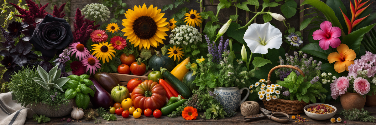A wide spread of flowers, herbs and vegetables from every Valhalla Hall collection
