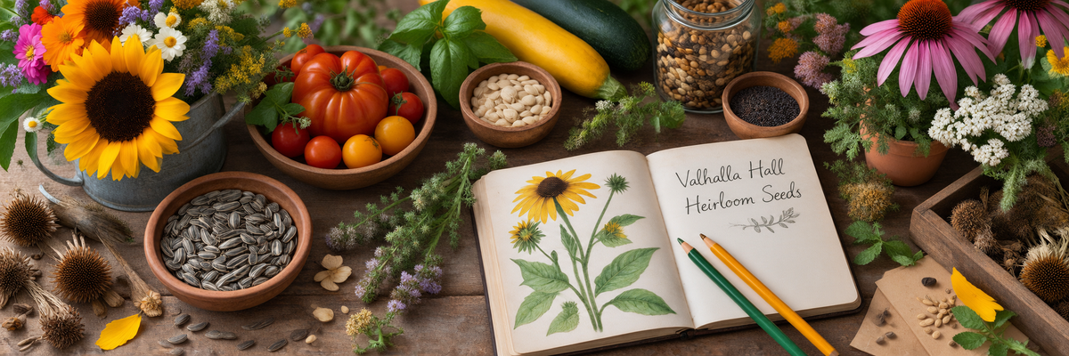 An open notebook reading Valhalla Hall Heirloom Seeds on a workbench of seed bowls, tomatoes, squash and cut flowers