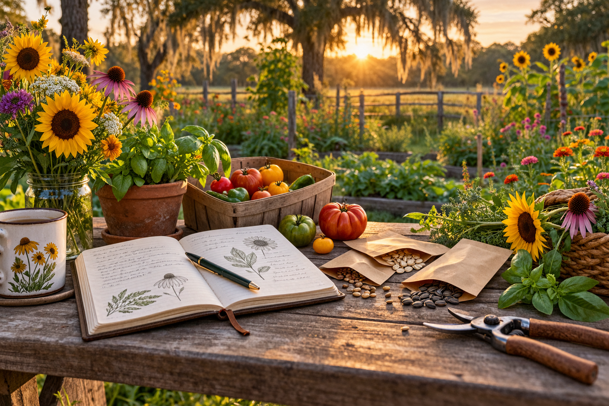 An open garden journal, tomatoes and hand tools on a table at sunrise