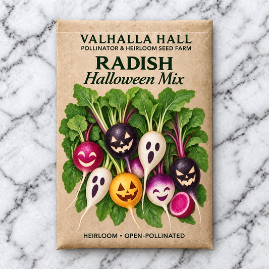 Valhalla Hall Halloween Mix radish seed packet, kraft paper with an illustration of purple, black, white and yellow radishes carved with jack-o-lantern faces
