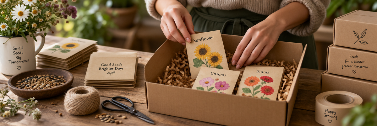 Hands packing illustrated seed packets into a shipping box on a workbench