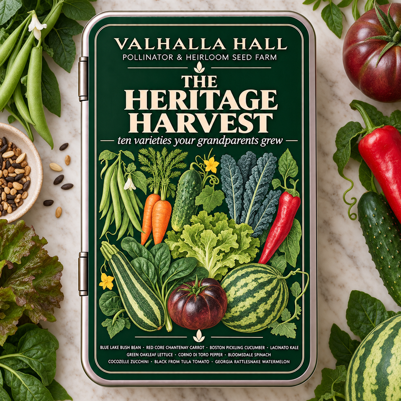 Valhalla Hall Heritage Harvest seed gift tin, deep green lid with a botanical illustration of heirloom beans, carrots, tomatoes, kale and watermelon