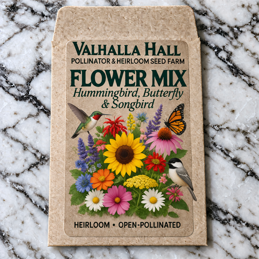 Valhalla Hall Hummingbird, Butterfly and Songbird flower mix seed packet, kraft paper with an illustration of mixed wildflowers, a hummingbird, a monarch butterfly and a chickadee