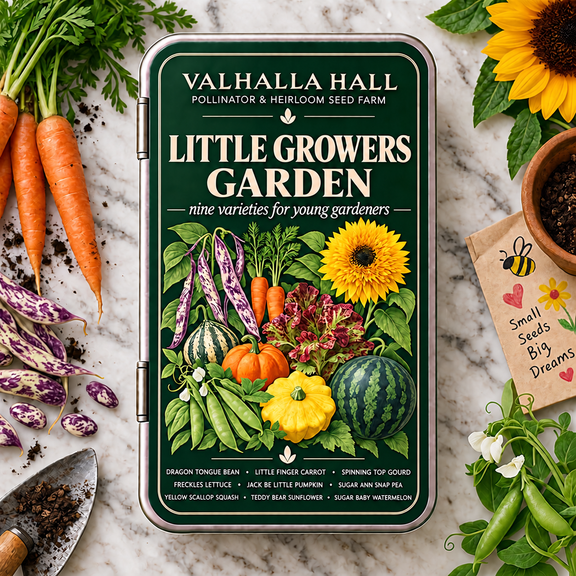 Valhalla Hall Little Growers Garden seed gift tin, deep green lid with a botanical illustration of sunflowers, nasturtiums and easy-to-grow vegetables