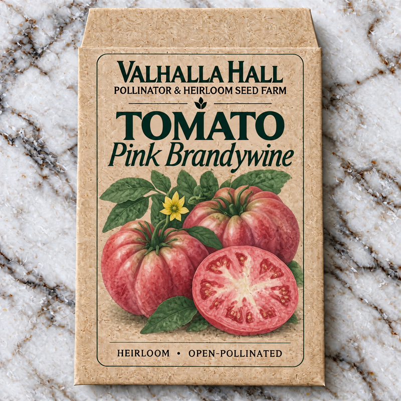 Valhalla Hall Pink Brandywine tomato seed packet, kraft paper with an illustration of ribbed rose-pink beefsteak tomatoes, one cut open, with potato-leaf foliage and a yellow blossom