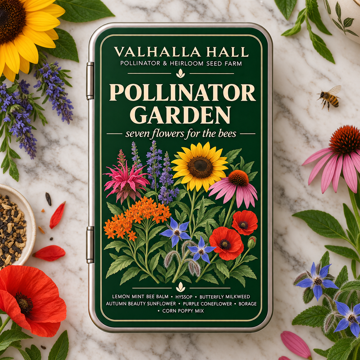 Valhalla Hall Pollinator Garden seed gift tin, deep green lid with a botanical illustration of bee balm, hyssop, milkweed, sunflower and coneflower