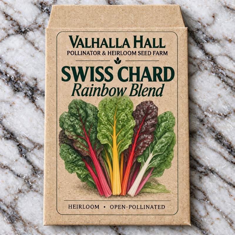 Valhalla Hall Rainbow Blend Swiss chard seed packet, kraft paper with an illustration of chard leaves with red, pink, yellow, orange and white stems