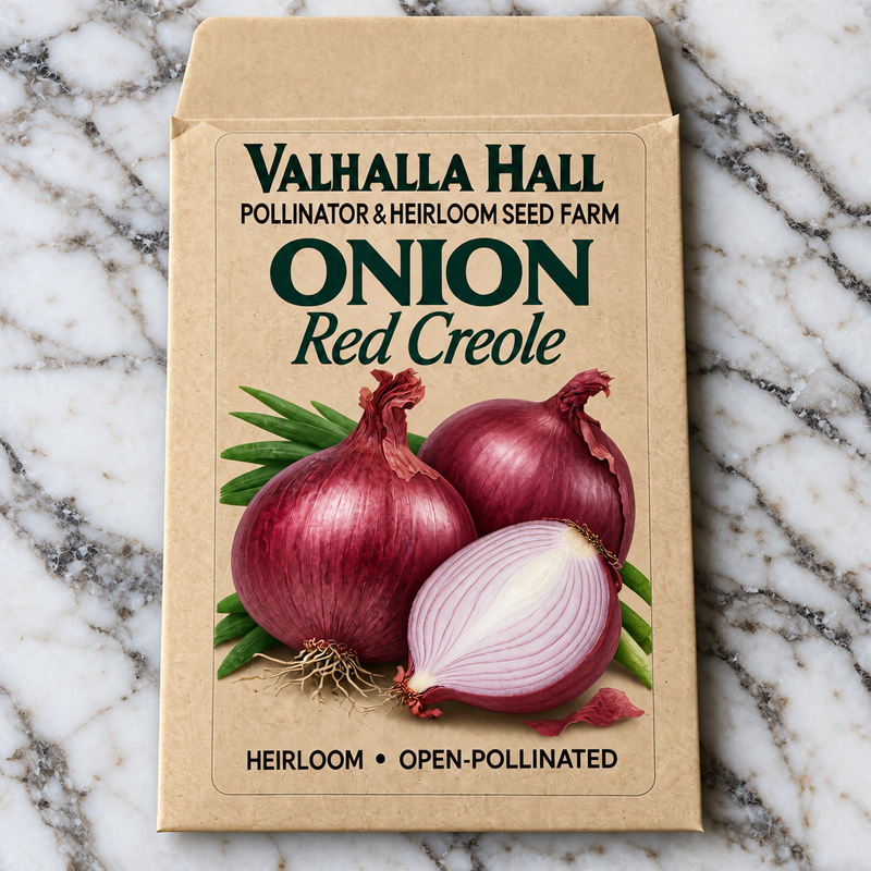 Valhalla Hall Red Creole onion seed packet, kraft paper with an illustration of deep red onions, whole and halved