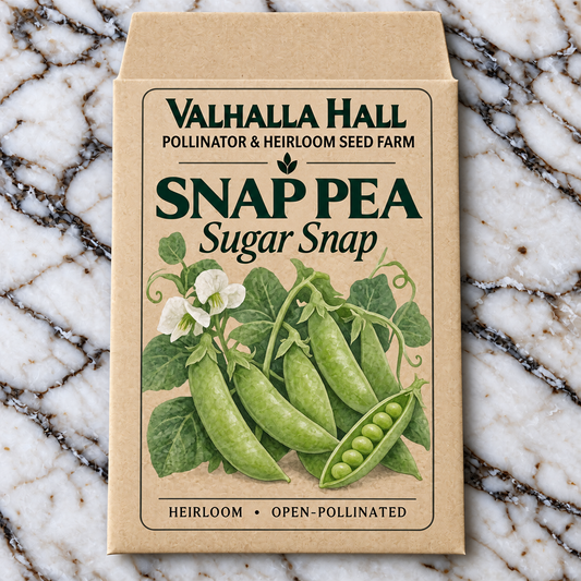 Valhalla Hall Sugar Snap pea seed packet, kraft paper with an illustration of plump green pea pods, white blossoms and tendrils