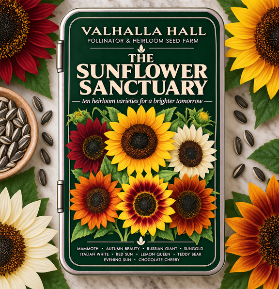 Valhalla Hall Sunflower Sanctuary seed gift tin, deep green lid with a botanical illustration of five sunflower varieties
