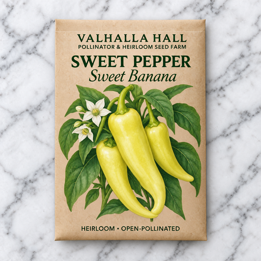 Valhalla Hall Sweet Banana pepper seed packet, kraft paper with an illustration of tapered pale yellow peppers and white blossoms