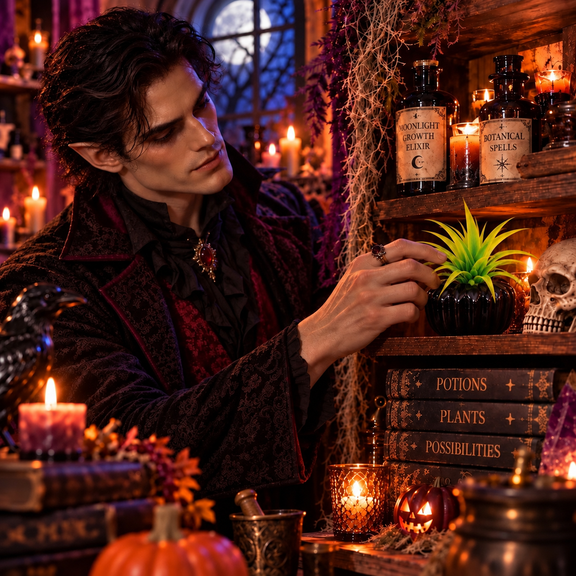 A vampire in a dark brocade coat setting the Valhalla Hall Gothic Black air plant on a candlelit apothecary shelf, beside bottles labelled Moonlight Growth Elixir and Botanical Spells, a skull, a carved pumpkin and books titled Potions, Plants and Possibilities