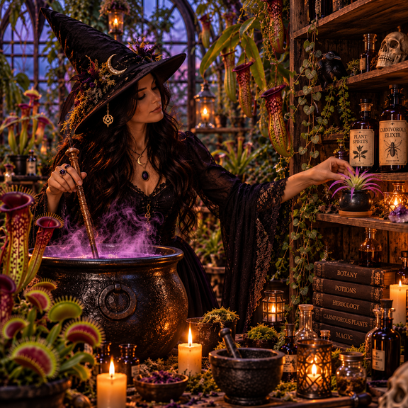 A witch in a pointed hat stirring a large bubbling cauldron of violet smoke in a candlelit greenhouse, with the small Valhalla Hall cauldron air plant being set on the apothecary shelf beside bottles of Botanical Elixir and Plant Magic
